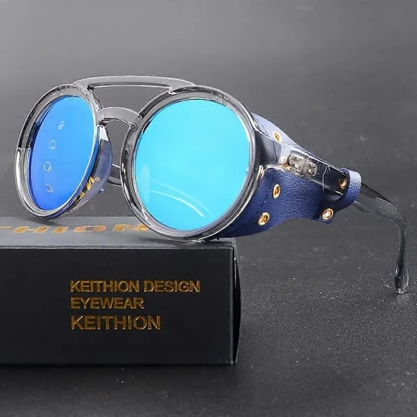 KEITHION Glacier Vindtette Klatre Steampunk Stil Runde Vintage Solbriller, Retro Briller For Menn Kvinner Med Sidebriller i Lær, C [db]