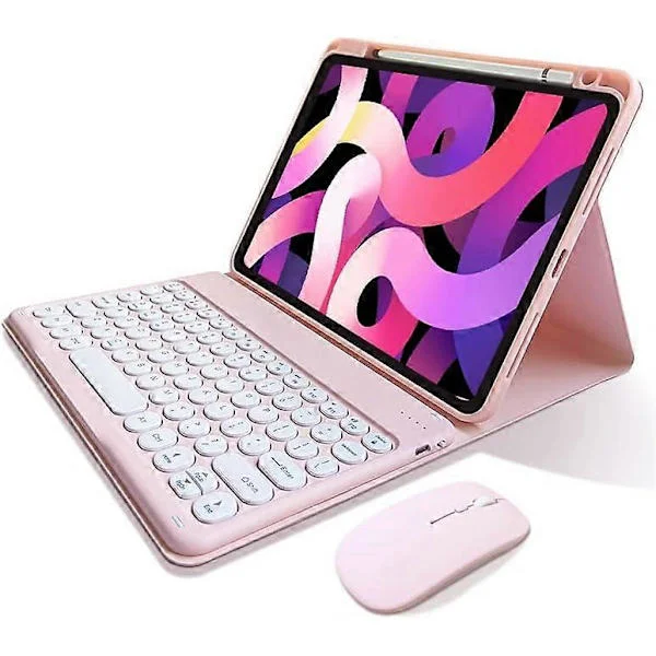 iPad 10:e generationen 2022 tangentbordsfodral med mus, söta runda tangenter, avtagbart Bluetooth-tangentbord, tunt smart fodral med pennhållare (rosa