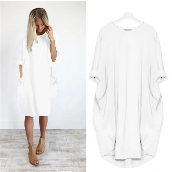 Women's Oversized Tunic Dress Long Sleeve Loose Baggy T-Shirt White