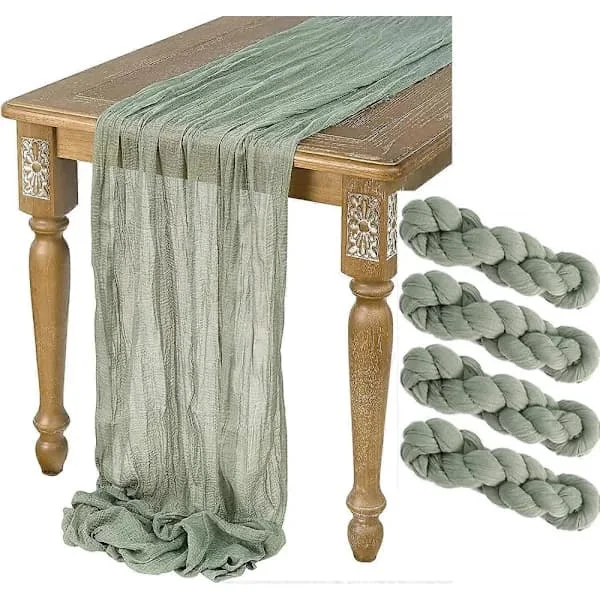 Grön Ostduk Bordslöpare Lång Rustik Gasväv Bordslöpare Romantisk Halvtransparent Duk Kompatibel Boho Bröllopsdekoration 4st 90x40