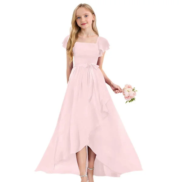 Maxikjole til jenter, flytende skjørt med smocket overdel og rysjekant, vakker kjole til bursdagsfester, bryllup og spesielle bilder.,Rosa,140