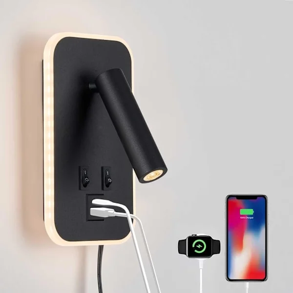 Sänggavel Läslampa, Sänglampa Plug in Fast Ansluten 2 i 1 Vägglampa, Sänglampor USB C+A Portar, Justerbara Sänggavel Lampor för Sovrum
