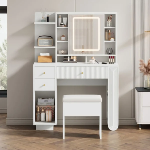 【DENGTU】LED sminkbord med spegel & pall – Justerbart sminkbord med lådor & belysning – vit, 100×40×138 cm
