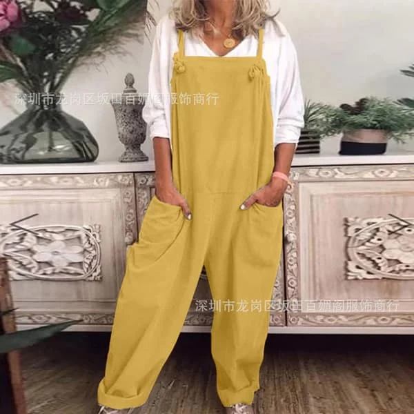 Dame Overalls Dungarees Romper Baggy Playsuit Bomull Lin Jumpsuit