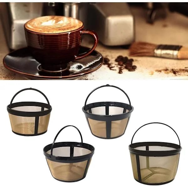 4-pack Reusable Golden Coffee Basket Filters - Sturdy Metal Strainer for 4/6/8/12 Cup Coffee Makers, Permanent Filter Replacement