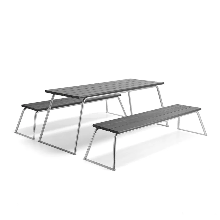Furniture set ARCTIC, 1 table, 2 benches without backrests, grey