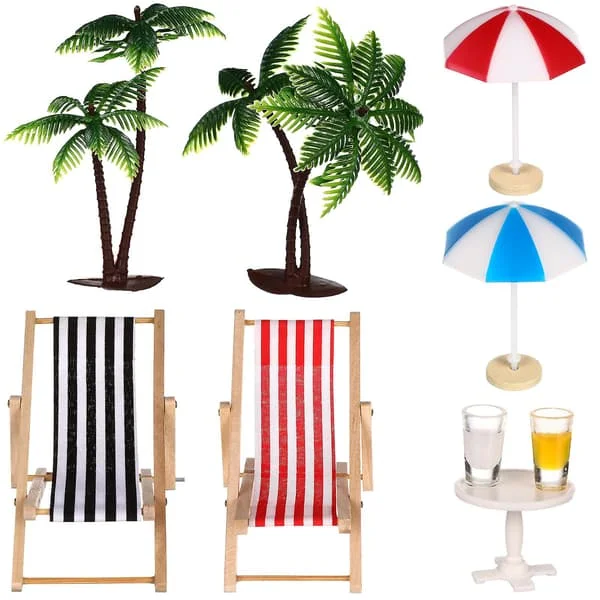 Strand mikro landskap miniatyrsett mini palmetre parasoll solseng drikke rundt salongbord dekorasjon dukkehus (som vist på bildet)