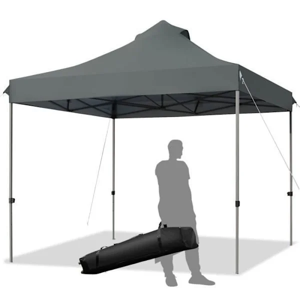 COSTWAY Folding Garden Gazebo 3 x 3M - Bärväska på hjul - 3 höjder - 6 till 8 personer - Vattentätt Oxford-tyg - Grå
