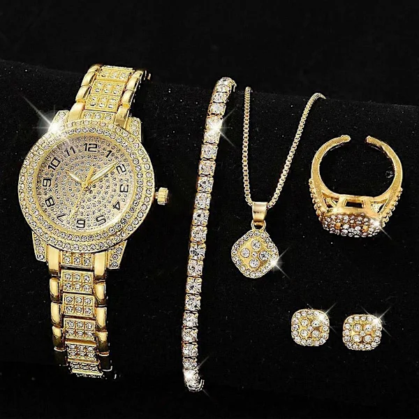 Mode Lyx Full Kristall 5 Delar Klocka Halsband Örhängen Set för Kvinnor Rhinestone Dam Armbandsur Klocka Dam Armband