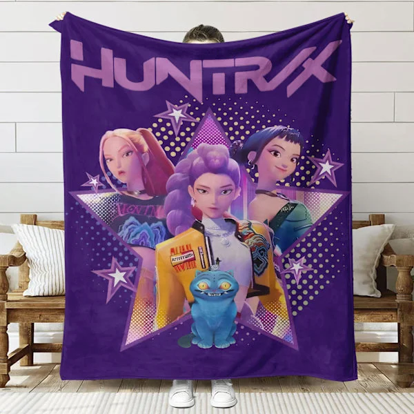 Huntrix K-Pop Printet Tæppe | Flannel Plaid til Sofa & Seng (Anime Tema)]SNT037]150+130cm