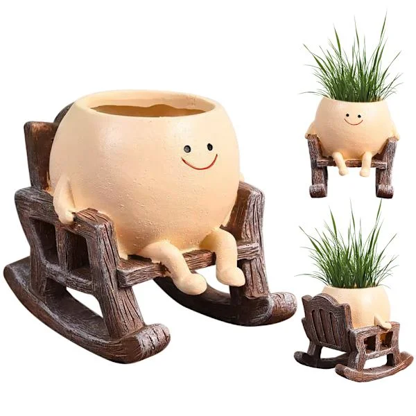 Smile Face Plantepotte for Innendørs og Utendørs Planter, Gyngestol Plantepotte med Dreneringshull Design, Søt Hode Plantepotte Laget av Holdbar Resin