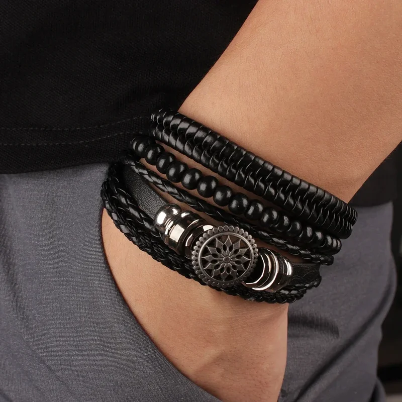 AliExpress - 4 stks/set Gevlochten Lederen Wrap Armbanden voor Mannen Vintage Leven Boom Roer Charme Houten Kralen Etnische Tribal Polsbandje Touw 