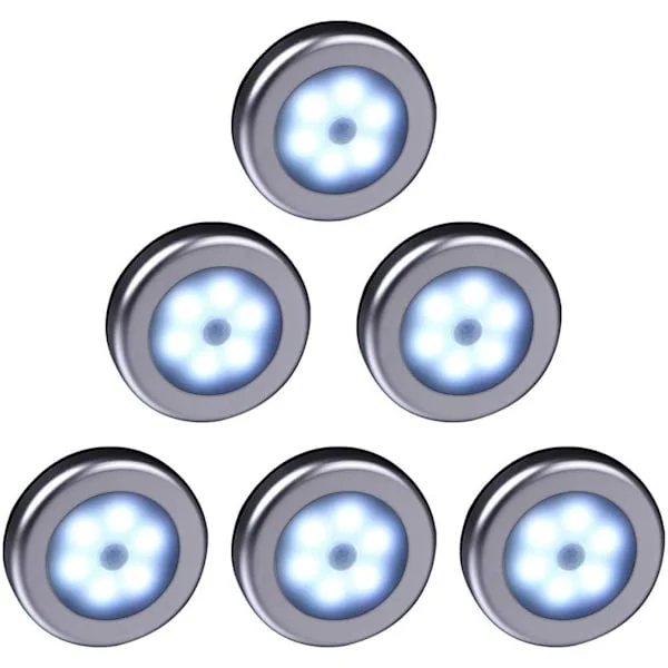 Trådløse bevegelsessensor LED-lamper for garderobe, trapper, hall, kjøkken, soverom (6 stk) (Sølvskall (Hvitt lys)