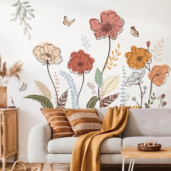 Boho Blomsterväggdekaler Vildblomma Blommig Gräs Skala och Fäst Väggkonst Dekaler för Vardagsrum Sovrum TV-vägg