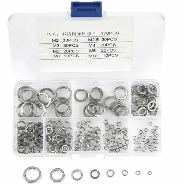 180 st 8 Storlekar 304 Rostfritt Stål Fjäderbrickor Sortimentset, Fjäderbrickor Kit M2 M2.5 M3 M4 M5 M6 M8 M10