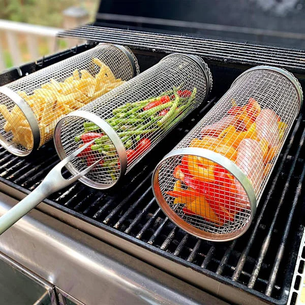 Pyörivä grillikori grillaukseen, kannettava grillikori vihanneksille, ulkogrillaustarvikkeet, pyöreä grillikori vihanneksille, ranskalaisille 