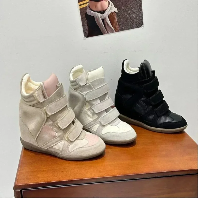 AliExpress - Popular invisible wedge heel high-top sneakers, Velcro retro suede patchwork shoes, stylish women's casual sneakers.
