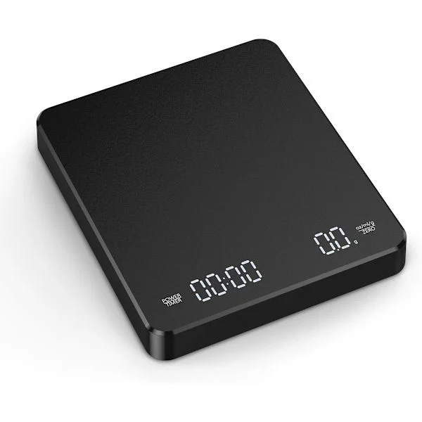 Digital kaffevåg med timer, uppladdningsbar för filterkaffe, 3 kg/0,1 g, digital espressovåg med skalningsfunktion, 3 enheter, LED, svart