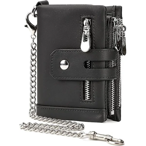Men's Chain Wallet, RFID Protection, Genuine Leather, Men's Wallet, Bi-fold Wallet with Credit Card Holder and Zipper Coin Pocket, Black