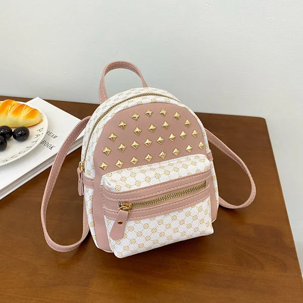 Mini Small Backpack Women Rivet Backpack Women's Niche Design Sense (Pink)