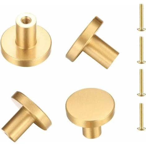 Round Solid Brass Door Handles, Furniture Handles, Pull Handles Drawers Cabinets Cupboards Dresser Kitchen, Single Hole Gold Handles - 4 Pieces (25