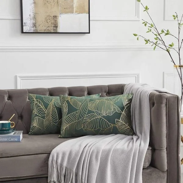 Tyynynpäällinen 30 x 50 cm sametti kultaiset lehdet tyynynpäälliset vihreä tyynynpäällinen koristetyyny sohvalle makuuhuoneeseen olohuoneeseen, 2 kpl