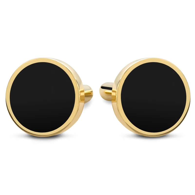 Round 14K Gold-Plated 925 Sterling Silver Cufflinks with Onyx Inlay for Men