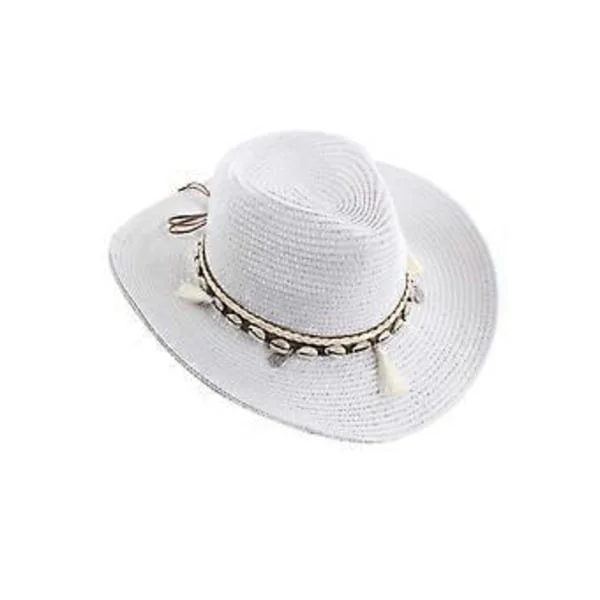 Size-M, Women's Crocheted Straw Sun Hat Wide Brim Handmade Foldable Holiday Bucket Hat (White)