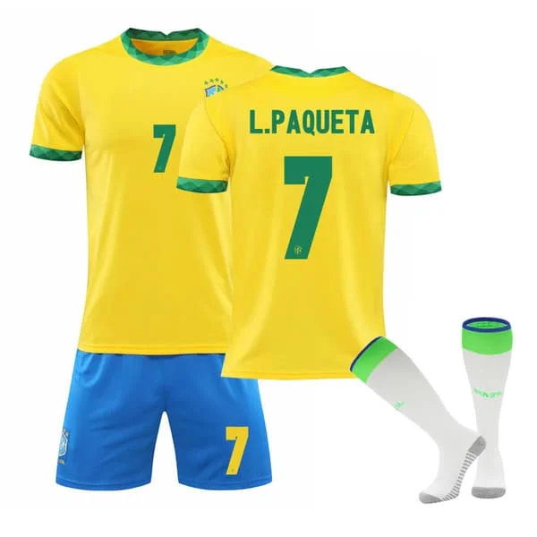 Brasilien Hemma Gul Tröja Set Barn Vuxna Fotbollströja Träningströja Nr.7 L.PAQUETA