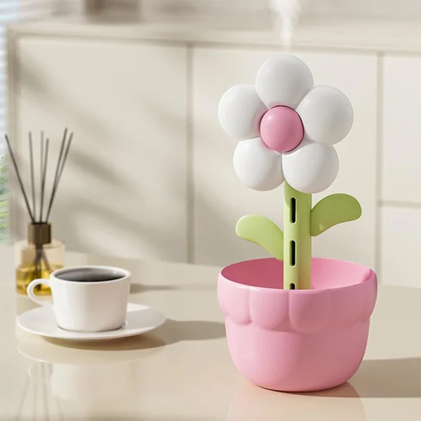 Blomsterformet luftfugter med natlys - 300 ml bærbar genopladelig aromadiffuser til bil, hjem og planter (hvid)