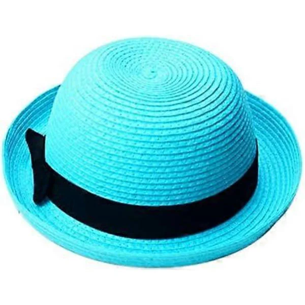Stråhatter, 1 stk. Sommerhatt i strå Sommer Mote Dame Bowlerhatt Strandhatt for Kvinner Sommerstrand (Himmelblå)