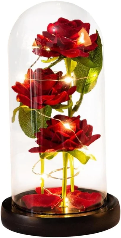 Valentins Evige Rose Kunstig Blomst med LED-lys, Skønheden og Udyret Rose Lampe i Glaskuppel, Romantisk Gave