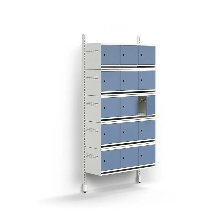 Shoe cabinet ENTRY, basic wall unit, 15 metal doors, 1800x900x300 mm, white/blue