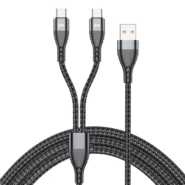 2 i 1 Multippel Ladekabel USB til 2 Doble Type C-kontakt Hurtigladekabel for Mobiltelefoner, Nettbrett og Mer