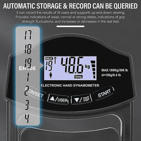 Grip Strength Tester, 396Lbs/180Kg Digital Hånd Dynamometer Grip Strength Meter USB LCD Skjerm Hånd