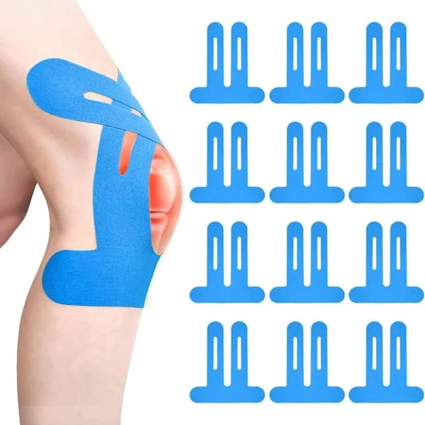 12 stk. forskåret kinesiotape, elastisk vandtæt sportstape, åndbar knætape til knæsmerter, giver støtte og stabilitet