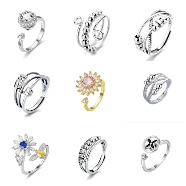 9 stk Fidget angstringer Justerbare ringer sett Justerbare ringer Fidget ringer Dame perlearmbånd, Stablebart sølv