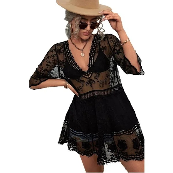 Kvinnors strandklänning virkad spets bikini cover up genomskinlig ihålig blommig strandklänning 3/4 ärmar