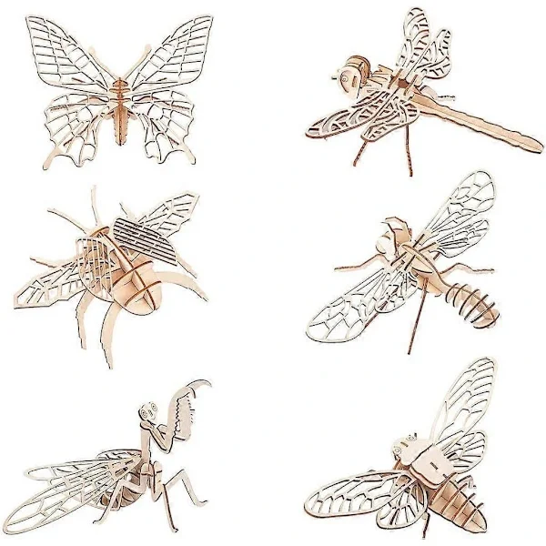 3D Tre Insektpuslespill - 6 Deler Sett Insektdyr Skjelett Monteringsmodell Puslespill - DIY Trehåndverk 3D Puslespill - STEM Leker Gaver til Barn (FM.