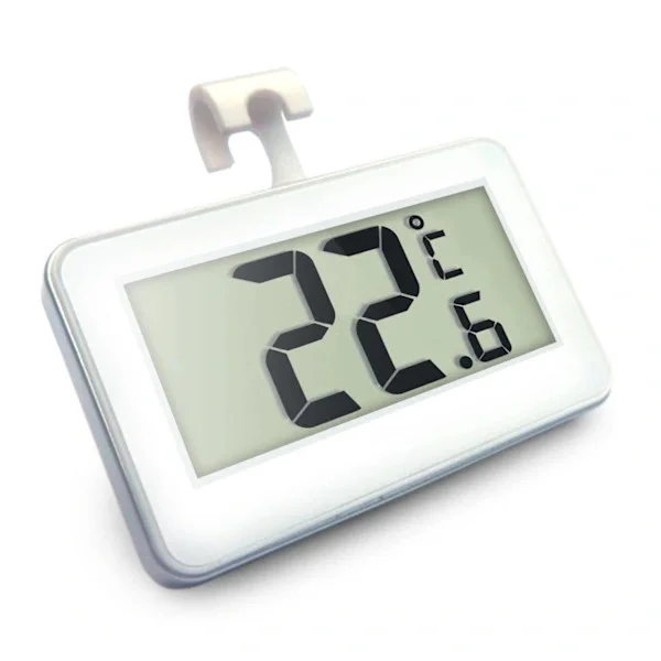 Kylskåpstermometer med tydlig LCD-display, lätt att läsa, perfekt för hem, restaurang, bar och café, inomhus och utomhus vit