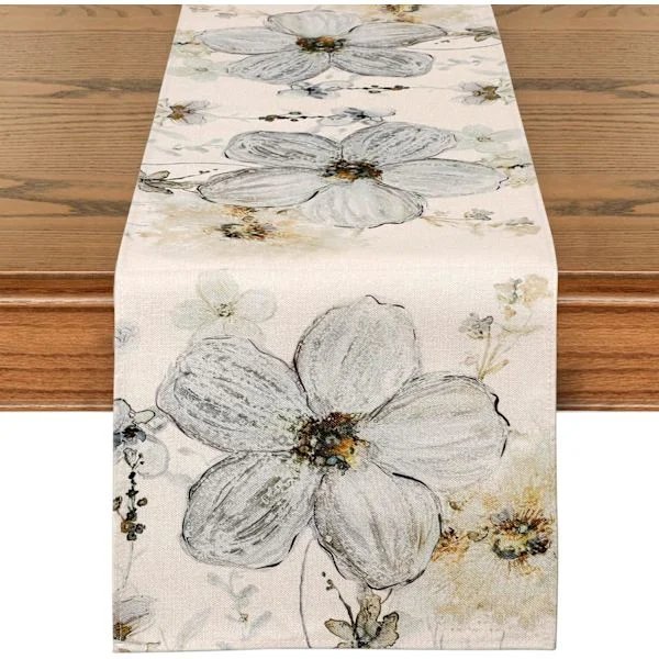 Blomstrete Bordløper 183 cm Blå Ferskenblomster Bordløper Rustikk Borddekorasjon Vintage Bomulls Lin Bordløper for Kjøkken