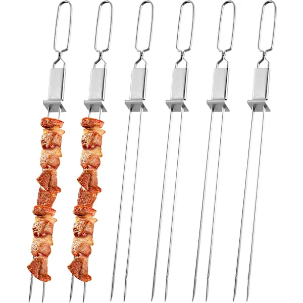 Dubbla grillspett 6 delar 32 cm Kebab platta metallspett Återanvändbara grillspett, med glidblock, spettsticka Idealisk för att grilla kött, grönsaker