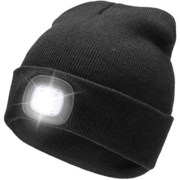 LED-belyst mössa USB uppladdningsbar 4 LED-pannlampa Unisex stickad mössa med ljus för nattaktiviteter cykling camping