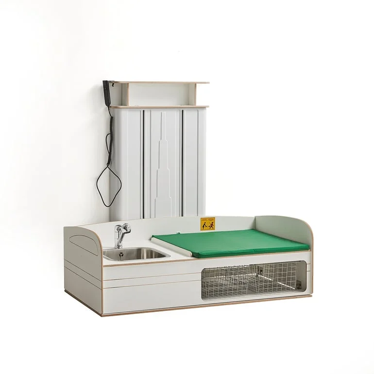 Height-adjustable baby changing table NEIL, wall-mounted, incl. L/H sink, 1400x800 mm