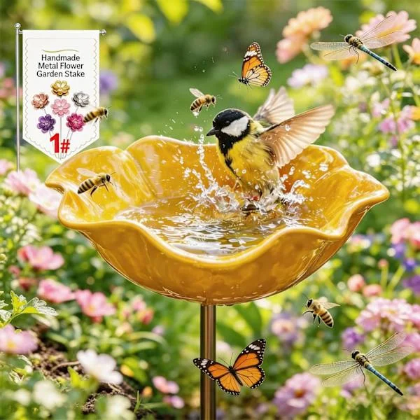 Metal Bird Bath with Flowers, Handmade Garden Stake, Winter-Resistant Bird Bath and Insect Water, Garden and Patio Bird Bath 1 pc Yellow 1pcs