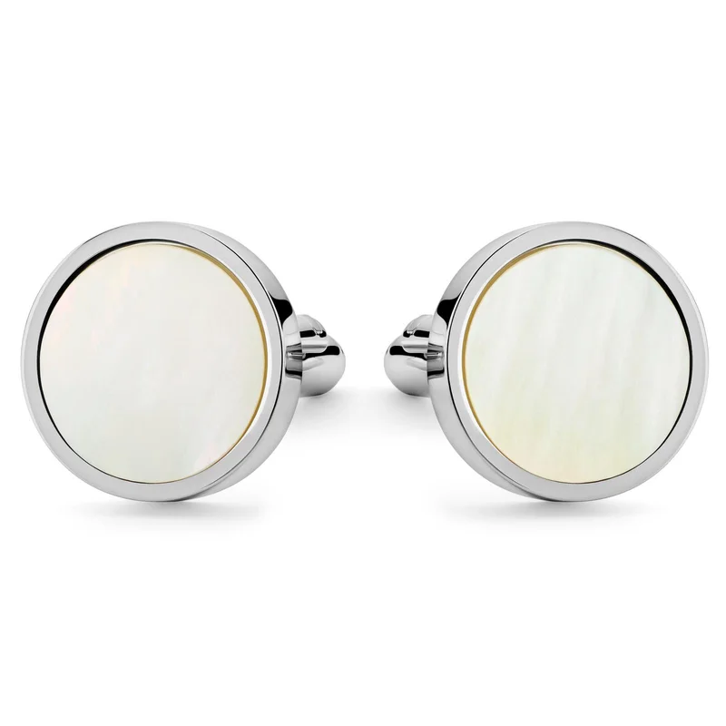 Meraklis | Round Silver-Tone Mother-of-Pearl Cufflinks for Men