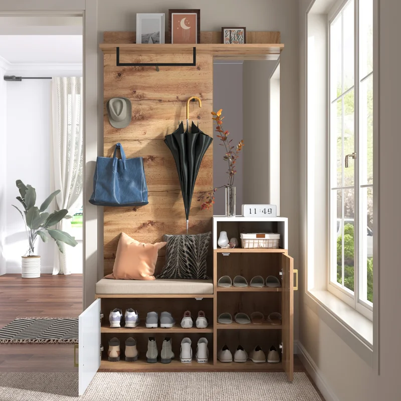 AliExpress - Elegante witte en houtkleurige garderobekast met spiegel, schoenenkast, wandgarderobe, zitbank en kledinghaken. Wit, hout.