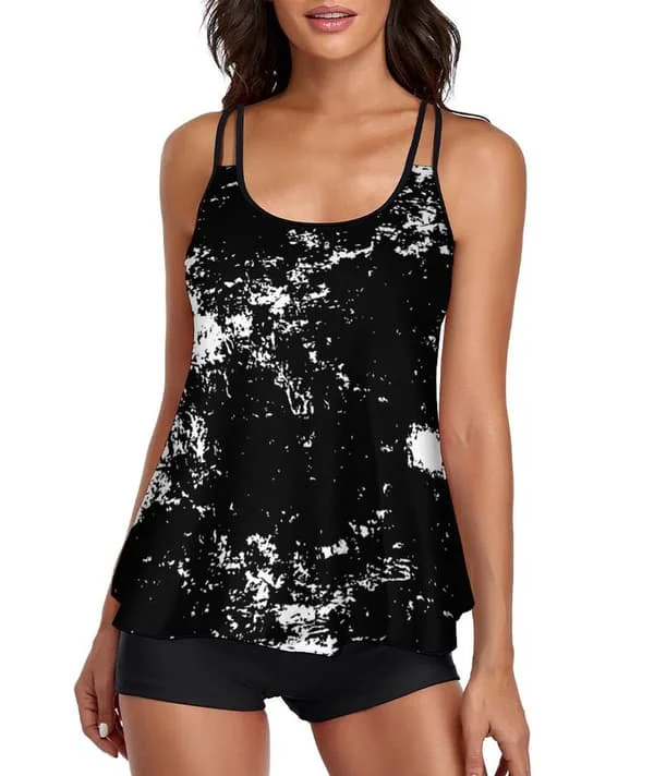 【NX】Flowy Tankini Baddräkt Dam Magkontroll Hel Baddräkt Tvådelad Baddräkt Linne med Shorts Svart XL