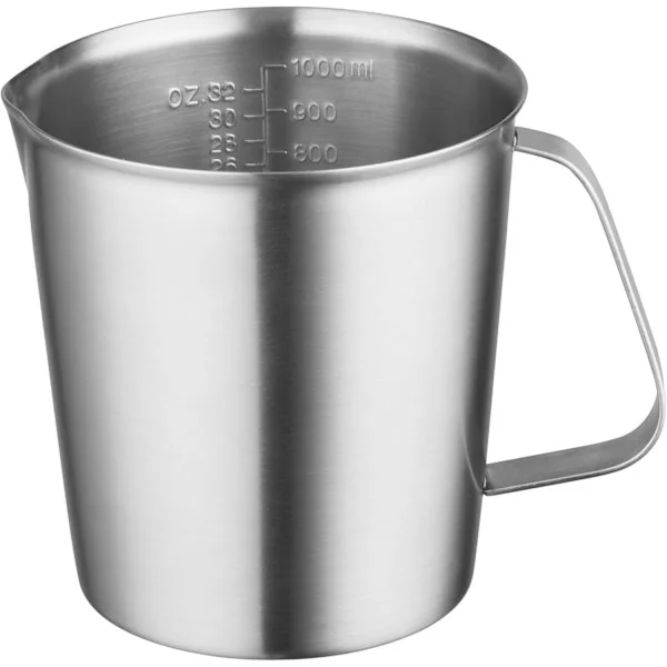 Måttbägare i 18/8 rostfritt stål med handtag och hällpip; vattenflaska i metall med ounce- och millilitergradering; 32 ounces/1000 ml