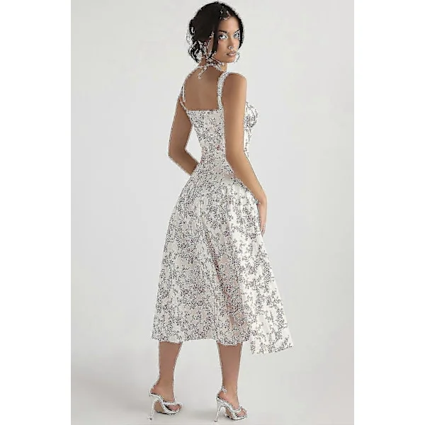 Blomstrete Boho Midi Bustier Kjole Dame Carmen Trykk Sommer Strand Swing Kjoler